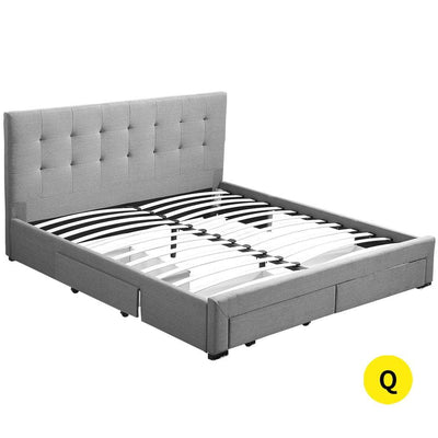 Levede Bed Frame Queen Fabric With Drawers Storage Wooden Mattress Grey