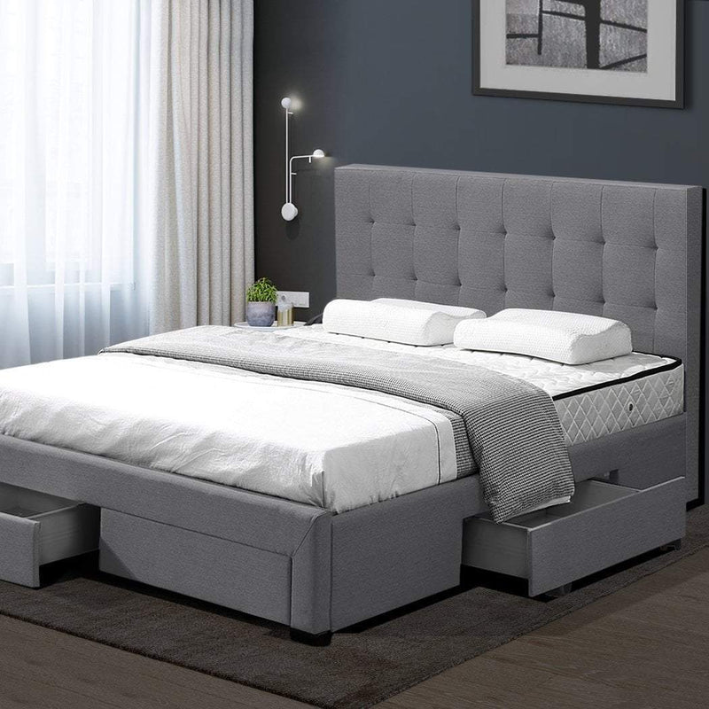 Levede Bed Frame Queen Fabric With Drawers Storage Wooden Mattress Grey Payday Deals