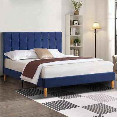 Levede Bed Frame Queen Size Mattress Base Platform Wooden Velevt Headboard Blue Payday Deals