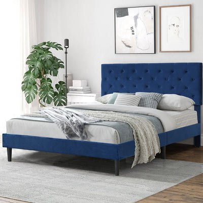 Levede Bed Frame Queen Size Mattress Base Platform Wooden Velevt Headboard Blue Payday Deals