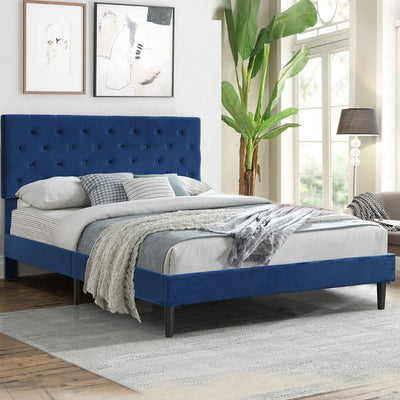 Levede Bed Frame Queen Size Mattress Base Platform Wooden Velevt Headboard Blue Payday Deals