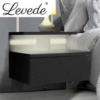 Levede Bedside Tables LED Side Table Storage Drawer Floating Nightstand Black X2 Payday Deals