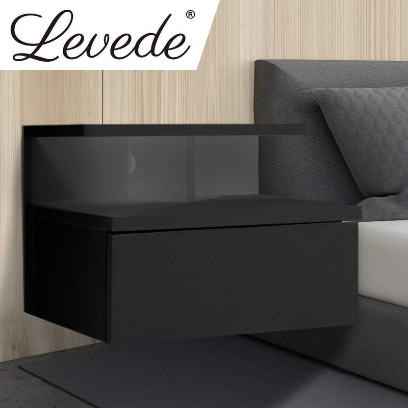 Levede Bedside Tables LED Side Table Storage Drawer Floating Nightstand Black X2 Payday Deals