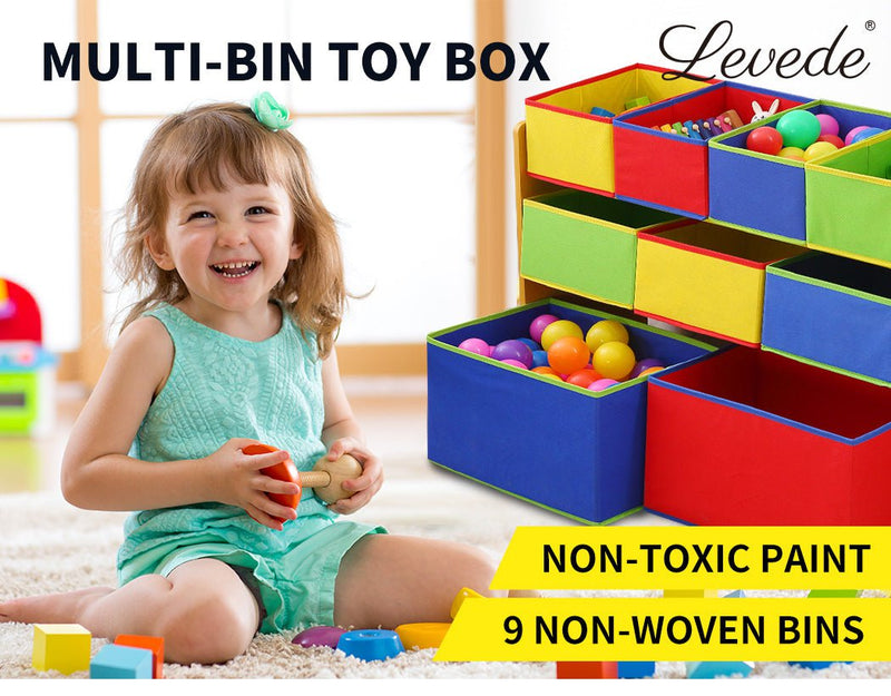 Levede Kids Toy Box 9 Bins Storage Rack Organiser Cabinet Wooden Bookcase 3 Tier Payday Deals