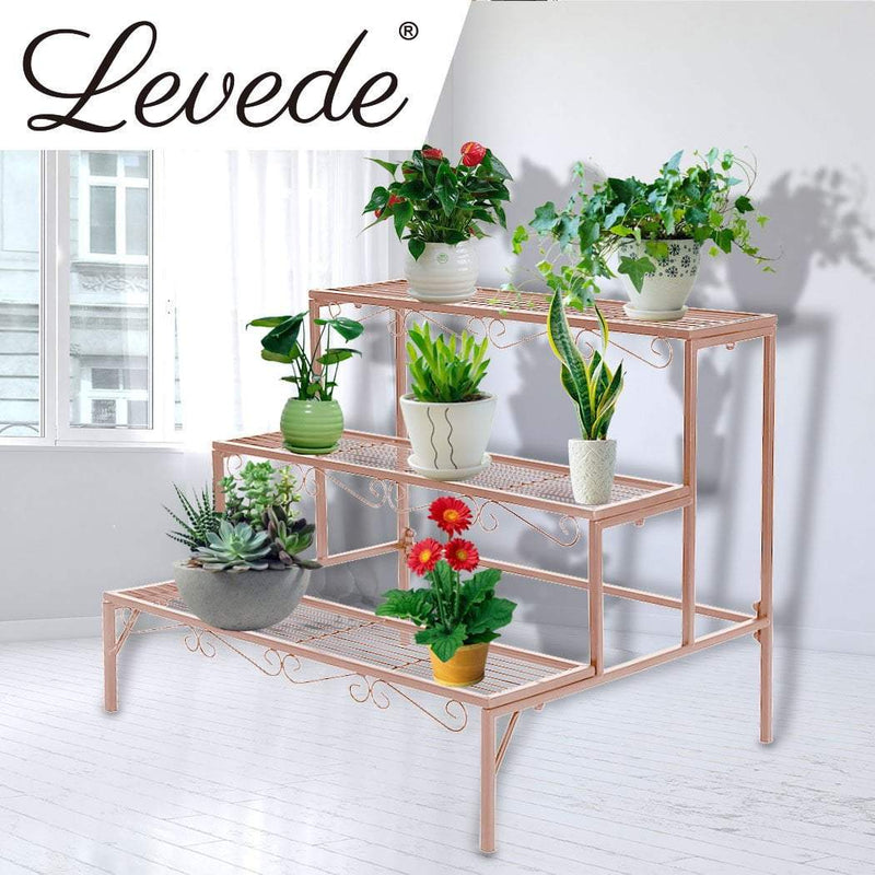 Levede Plant Stand 3 Tier Rectangle Metal Flower Planter Corner Shelf Rose Gold Payday Deals