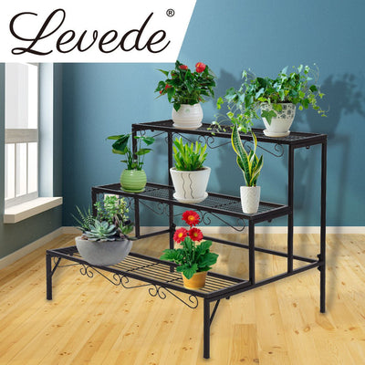 Levede Plant Stand 3 Tier Rectangle Metal Flower Pot Planter Corner Shelf Black Payday Deals