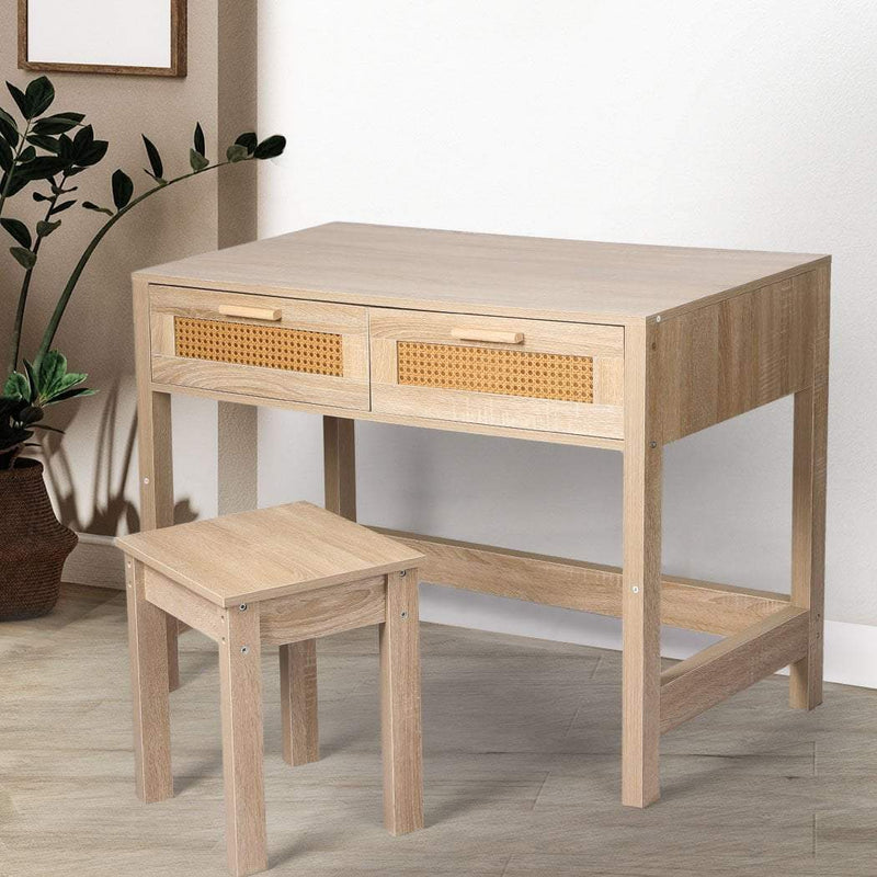 Levede Table Set Rattan Wood Dressing Table Bedroom Desk Stool Home Office Desks Payday Deals