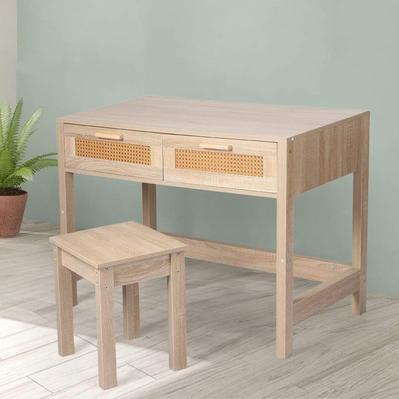 Levede Table Set Rattan Wood Dressing Table Bedroom Desk Stool Home Office Desks Payday Deals