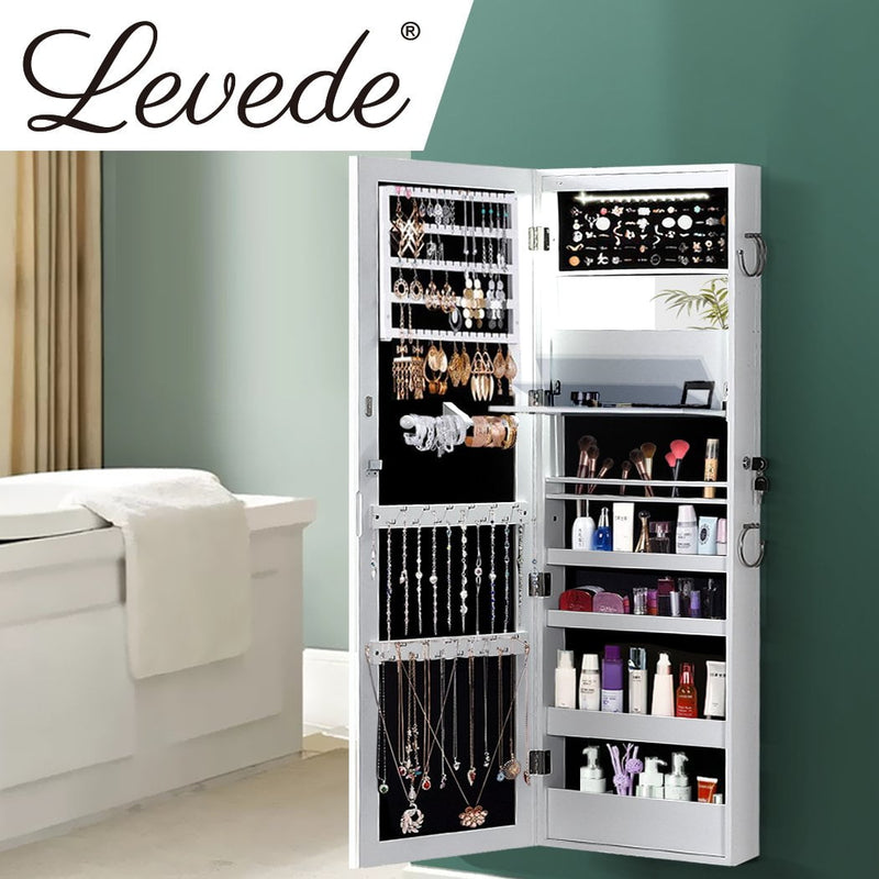 Levede Wall Mounted or Hang Over Mirror Jewellery Cabinet with LED Light White Payday Deals