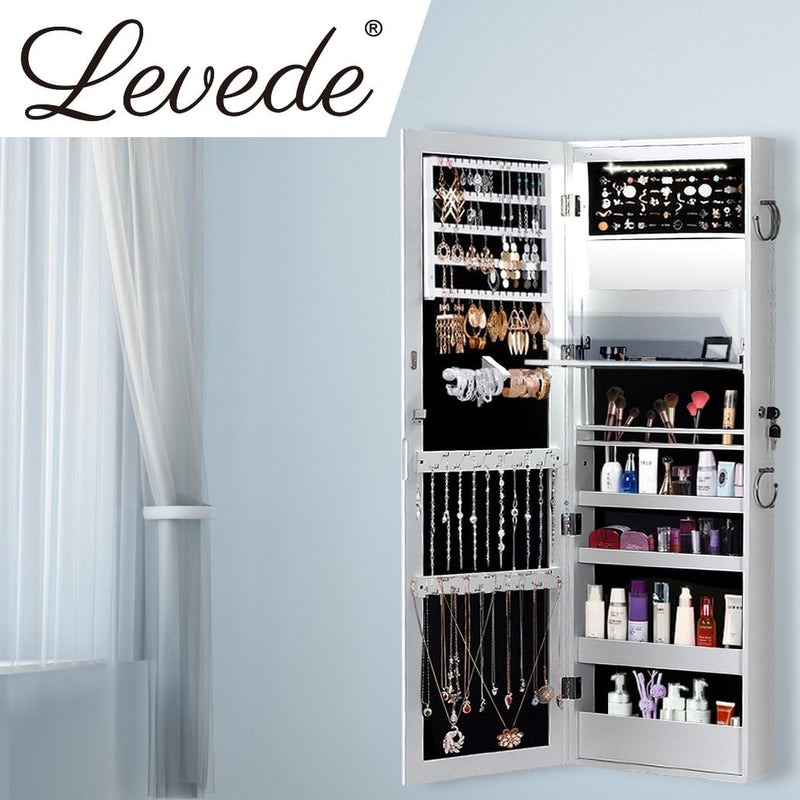 Levede Wall Mounted or Hang Over Mirror Jewellery Cabinet with LED Light White Payday Deals