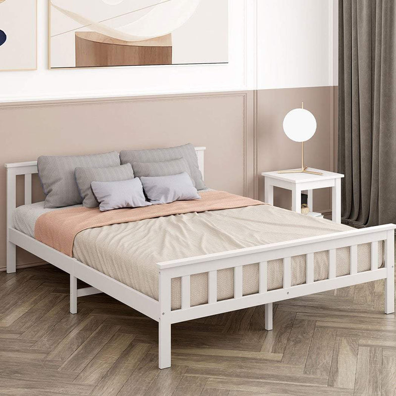 Levede Wooden Bed Frame Double Size Mattress Base Solid Timber Pine Wood White Payday Deals