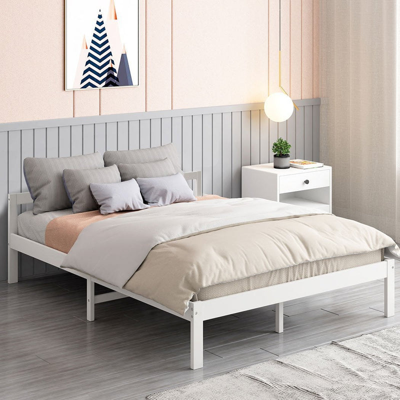 Levede Wooden Bed Frame Queen Size Mattress Base Solid Timber Pine Wood White Payday Deals