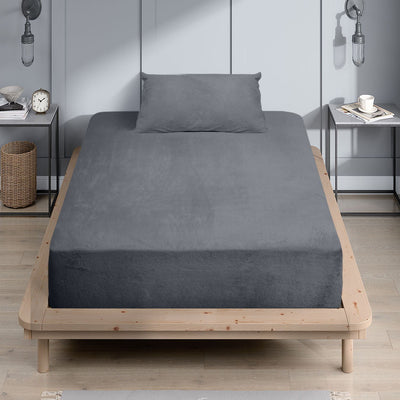 DreamZ Fitted Bed Sheet Set Pillowcase Flannel Single Size Winter Warm Dark Grey