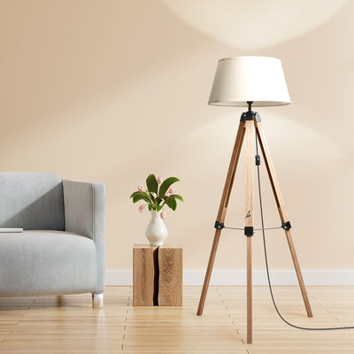 EMITTO Tripod Wooden Floor Lamp Shaded Reading Light Adjustable Stand Home Decor