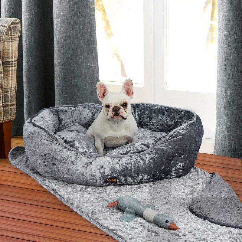 PaWz Pet Bed Set Dog Cat Quilted Blanket Squeaky Toy Calming Warm Soft Nest Grey L - Payday Deals