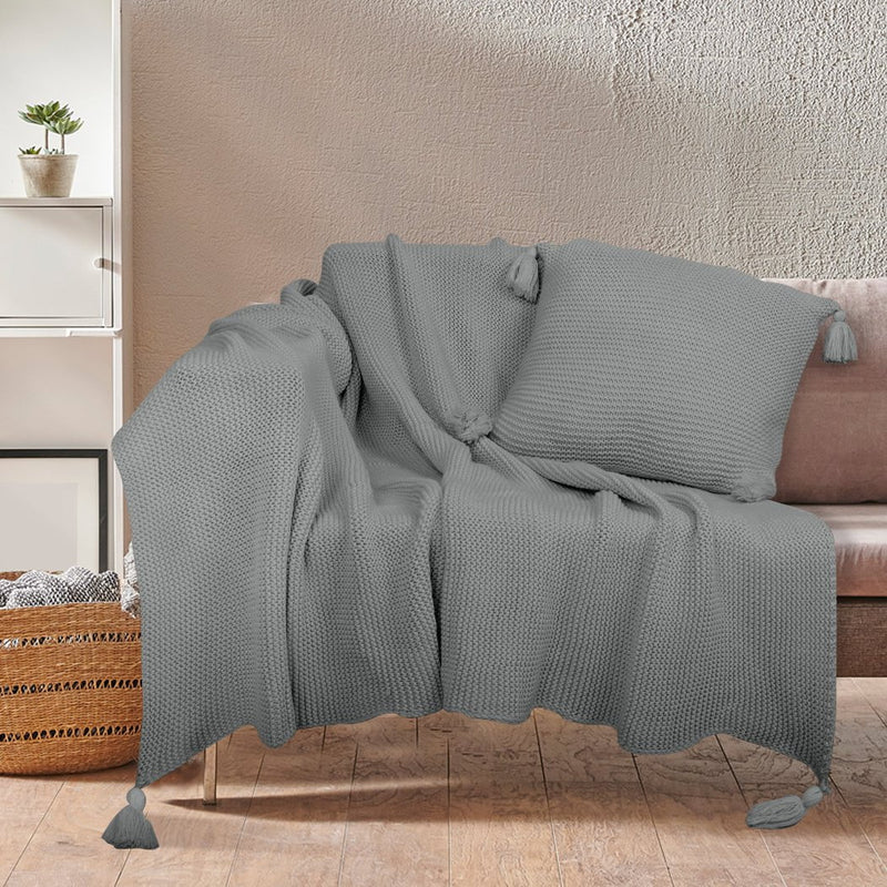 DreamZ Knitting Throw Blanket Cushion Set Pillow Tassel Fringe Sofa Bed Rug Grey