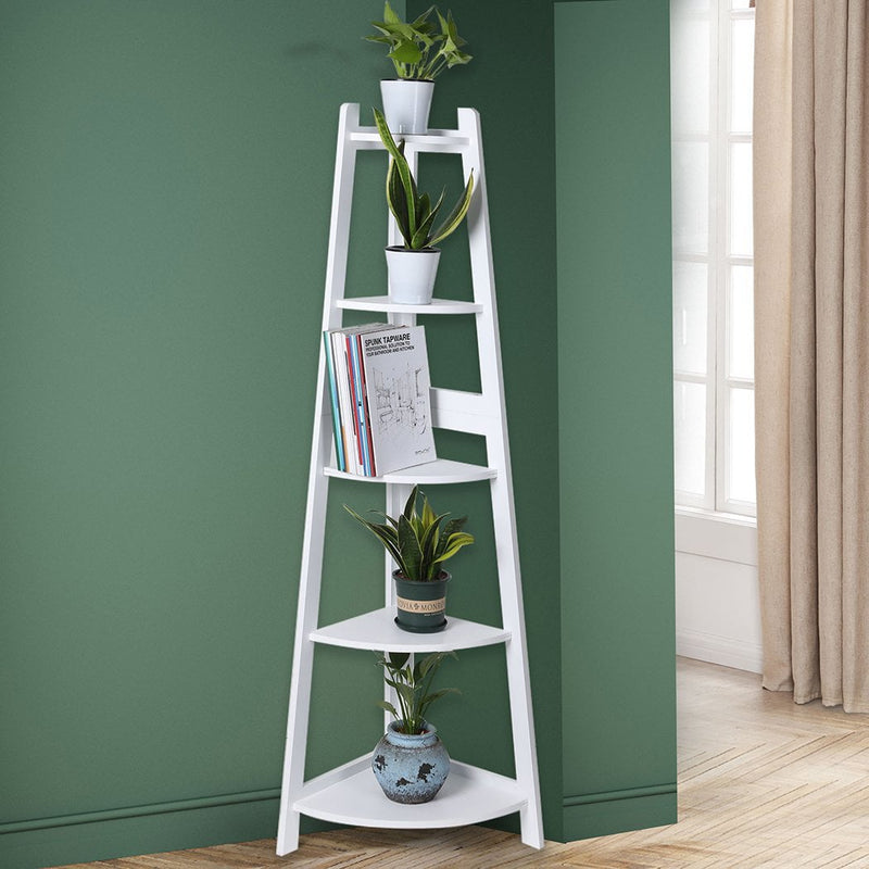 Levede 5 Tier Corner Shelf Wooden Storage Home Display Rack Plant Stand White - Payday Deals