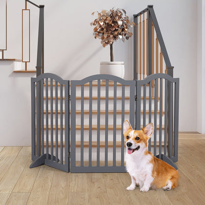 PaWz Wooden Pet Gate Dog Fence Safety Stair Barrier Security Door 3 Panels Grey