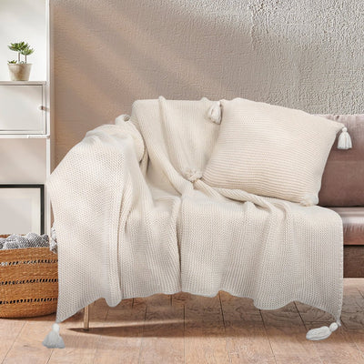 DreamZ Knitting Throw Blanket Cushion Set Pillow Tassel Fringe Sofa Bed Ivory