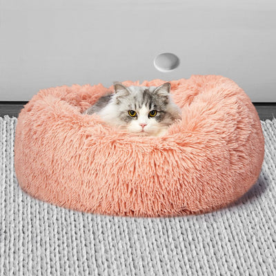 Pet Bed Cat Dog Donut Nest Calming Kennel Cave Deep Sleeping Pink L - Payday Deals
