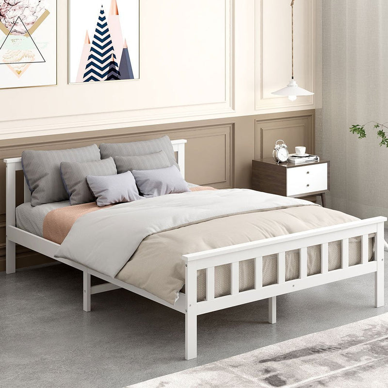 Levede Wooden Bed Frame Queen Size Mattress Base Solid Timber Pine Wood White - Payday Deals