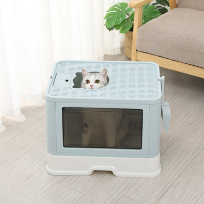 PaWz Foldable Cat Litter Box Tray Enclosed Kitty Toilet Hood Hair Grooming Blue