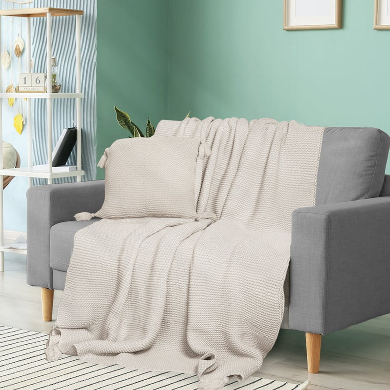 DreamZ Knitting Throw Blanket Cushion Set Pillow Tassel Fringe Sofa Bed Ivory