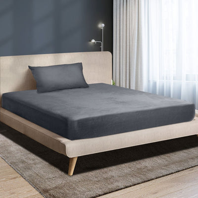 DreamZ Fitted Bed Sheet Set Pillowcase Flannel Single Size Winter Warm Dark Grey