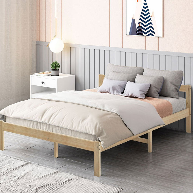 Levede Wooden Bed Frame Double Size Mattress Base Solid Timber Pine Wood Natural - Payday Deals