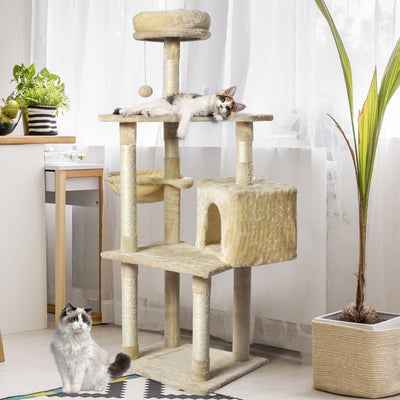PaWz Cat Tree Toy Scratching Post Scratcher Tower Condo Wooden House Cream 130cm