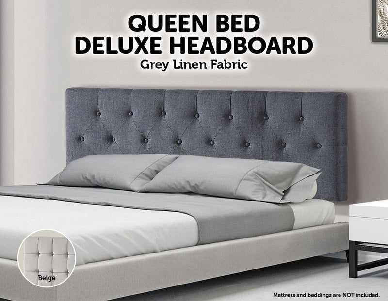 Linen Fabric Queen Bed Deluxe Headboard Bedhead - Grey Payday Deals