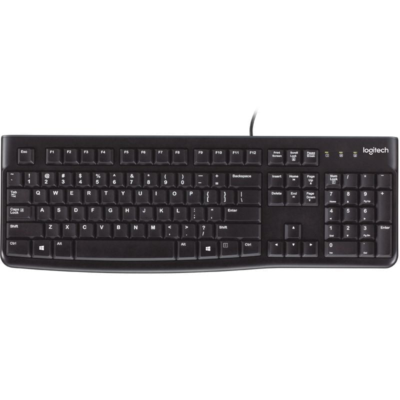 LOGITECH K120 Keyboard Quiet typing Spill-resistant Durable keys Thin profile Curved space bar Adjustable tilt legs Payday Deals