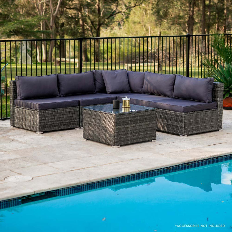 LONDON RATTAN 5 Seater Modular Outdoor Setting Lounge with Coffee Table, Grey Payday Deals