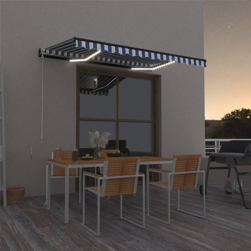 Manual Retractable Awning with LED 400x300 cm Blue and White Payday Deals