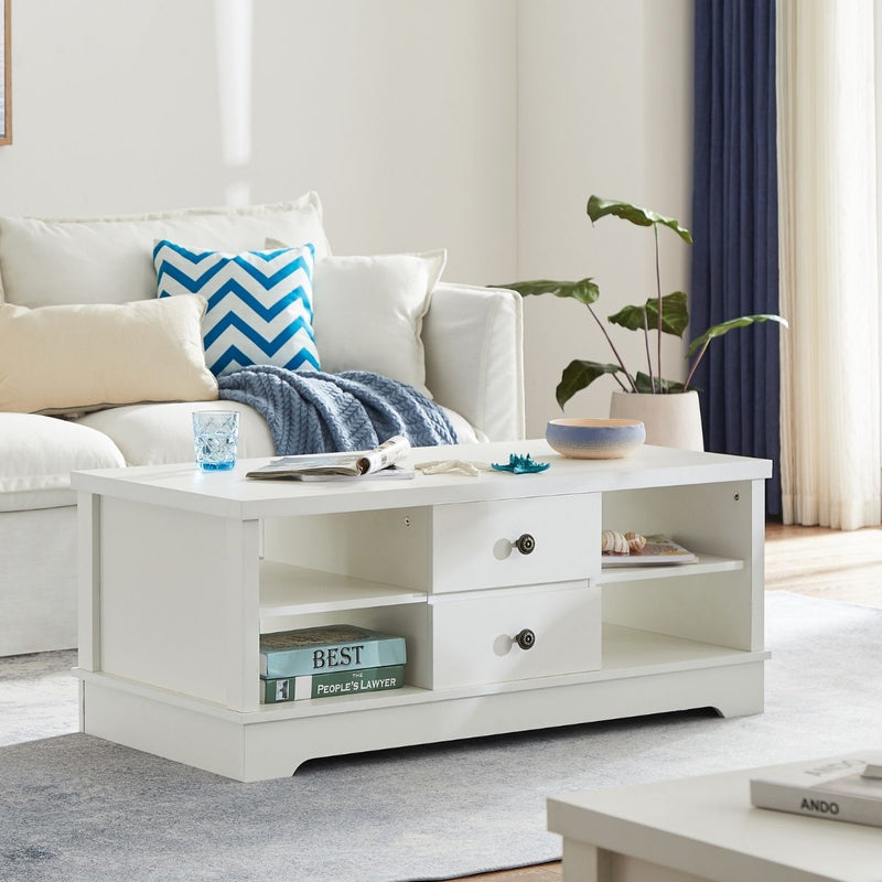 Margaux White Coastal Style Coffee Table with Drawers Payday Deals