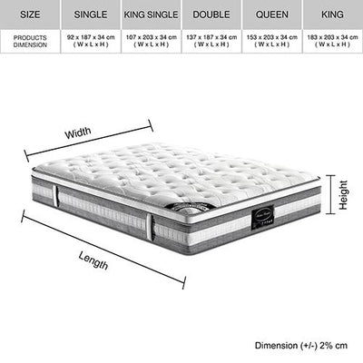 Mattress Euro Top King Size Pocket Spring Coil with Knitted Fabric Medium Firm 34cm Thick Payday Deals