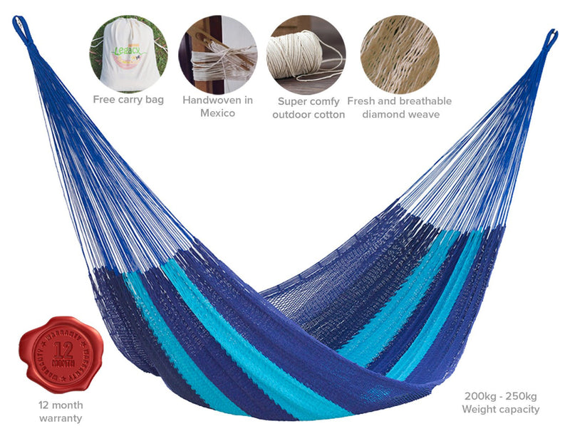 Mayan Legacy King Size Outdoor Cotton Mexican Hammock in Caribbean Blue Colour Payday Deals