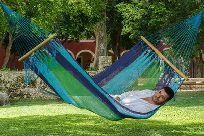 Mayan Legacy Queen Size Outdoor Cotton Mexican Resort Hammock No Fringe in Oceanica Colour Payday Deals