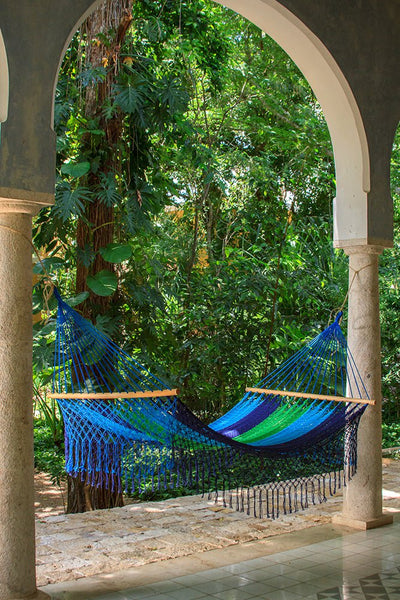 Mayan Legacy Queen Size Outdoor Cotton Mexican Resort Hammock With Fringe in Oceanica Colour Payday Deals