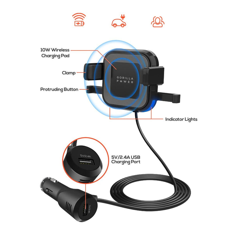 mbeat Gorilla Power 10W Wireless Car Charger With 2.4A USB Charging, Air Vent Clip & Windshield Stand Payday Deals