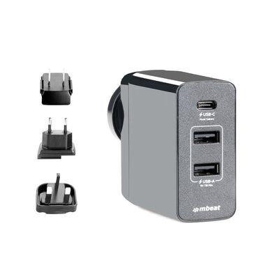 mbeat Gorilla Power 3-Port USB-C Power Delivery (PD) World Travel Charger (USB-C x 1, USB-A x 2) with Interchangeable Plugs Payday Deals