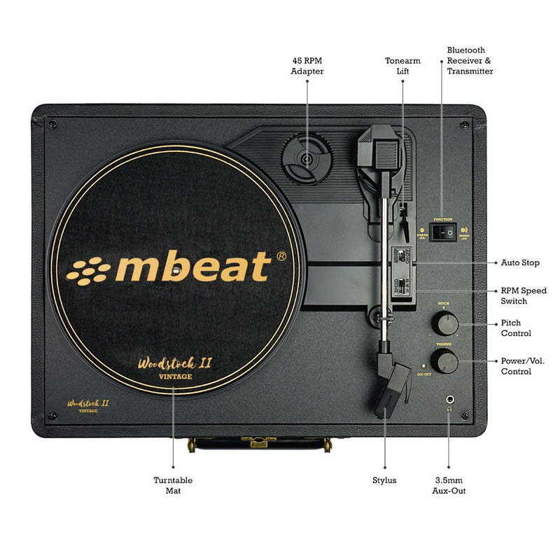 mbeat Woodstock II Black Retro Bluetooth (TX/RX) Turntable Payday Deals