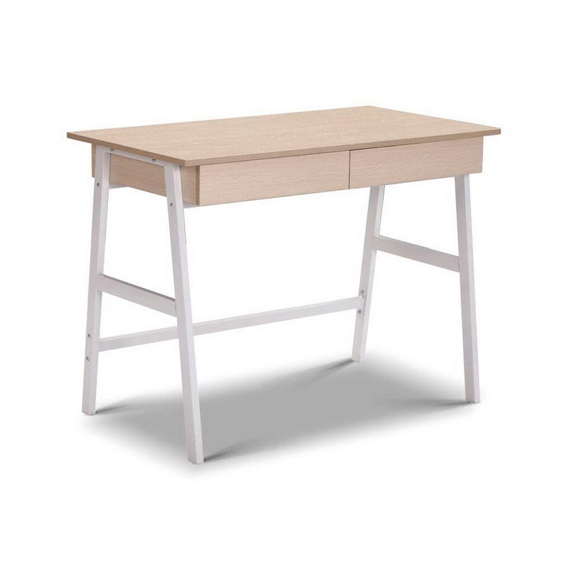 Artiss Metal Desk with Drawer - White with Oak Top Payday Deals