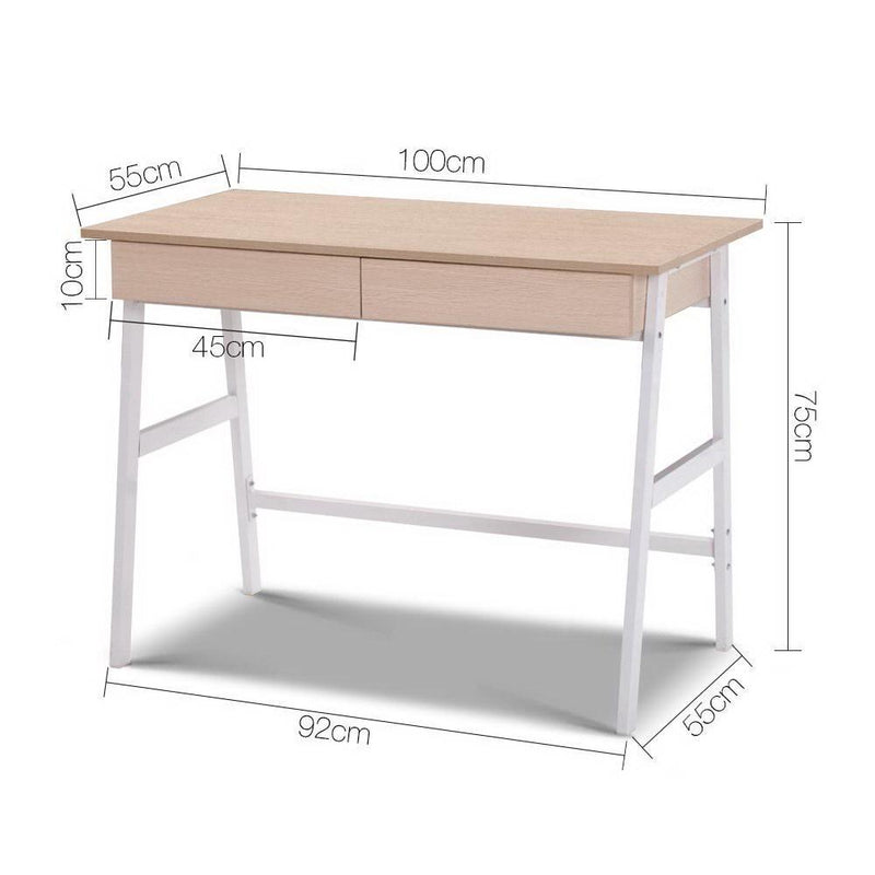 Artiss Metal Desk with Drawer - White with Oak Top Payday Deals