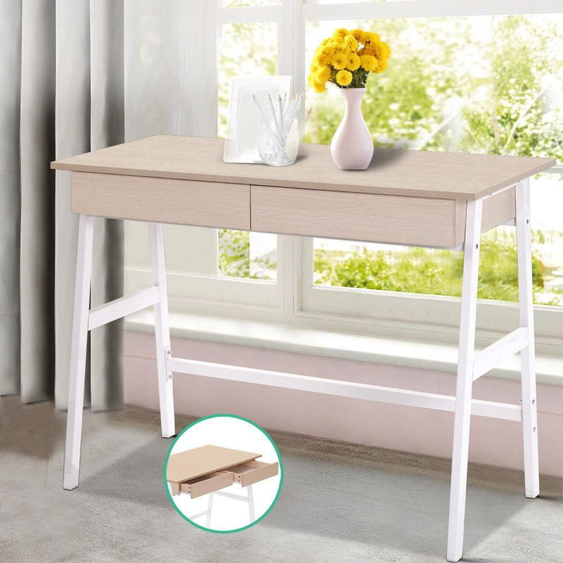 Artiss Metal Desk with Drawer - White with Oak Top Payday Deals