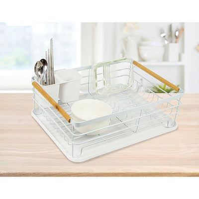 Metal Dish Drying Rack Drainboard Holder Tray Kitchen Plates Cutlery Wood Handle Payday Deals