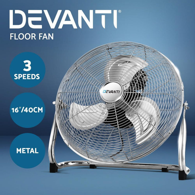 Devanti Metal Floor Fan Desk Fans Chrome Portable 3 Speed Tilt Silver Payday Deals
