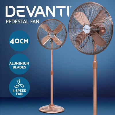 Devanti Metal Pedestal Fan Vintage Portable Fans Oscillating Tilt Chrome 3 Speed Copper Payday Deals