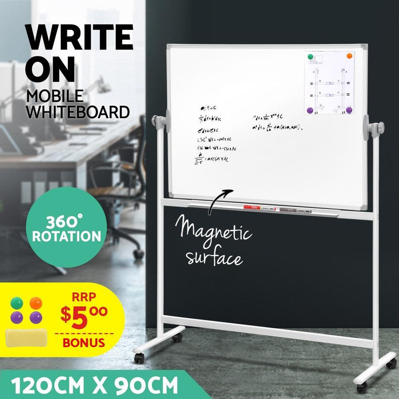 Mobile Whiteboard with Stand Double Sided Magnetic Aluminum Frame 120x90cm