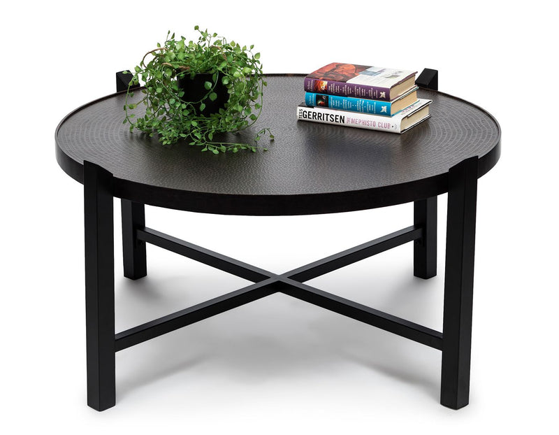 Modern Black Round Coffee Table with Copper Finish Engraved Top Payday Deals